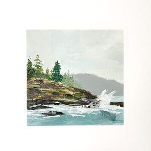 8x8 Maine Original Oil Painting Acadia Rocks Pines New England Ocean Art Signed